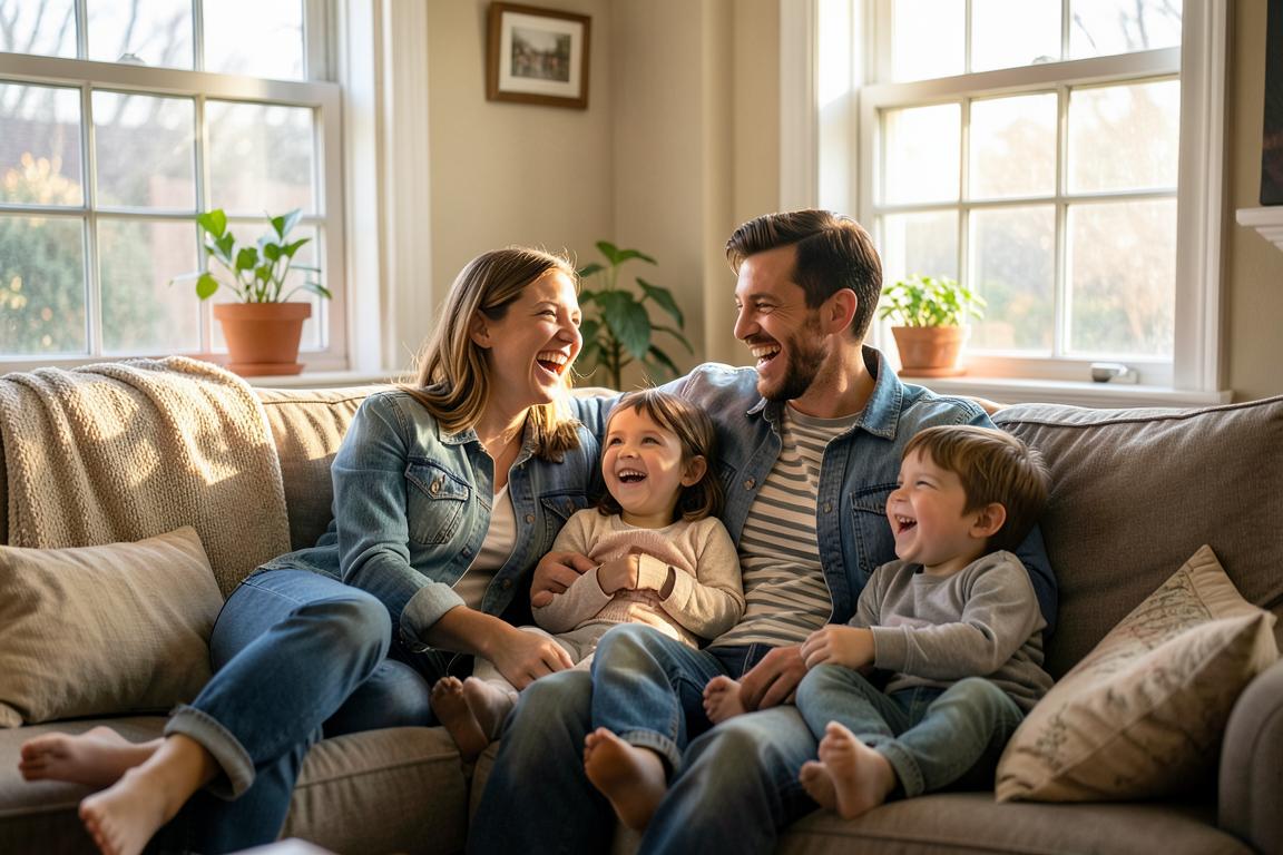 A family laughing together on their living room couch in their home