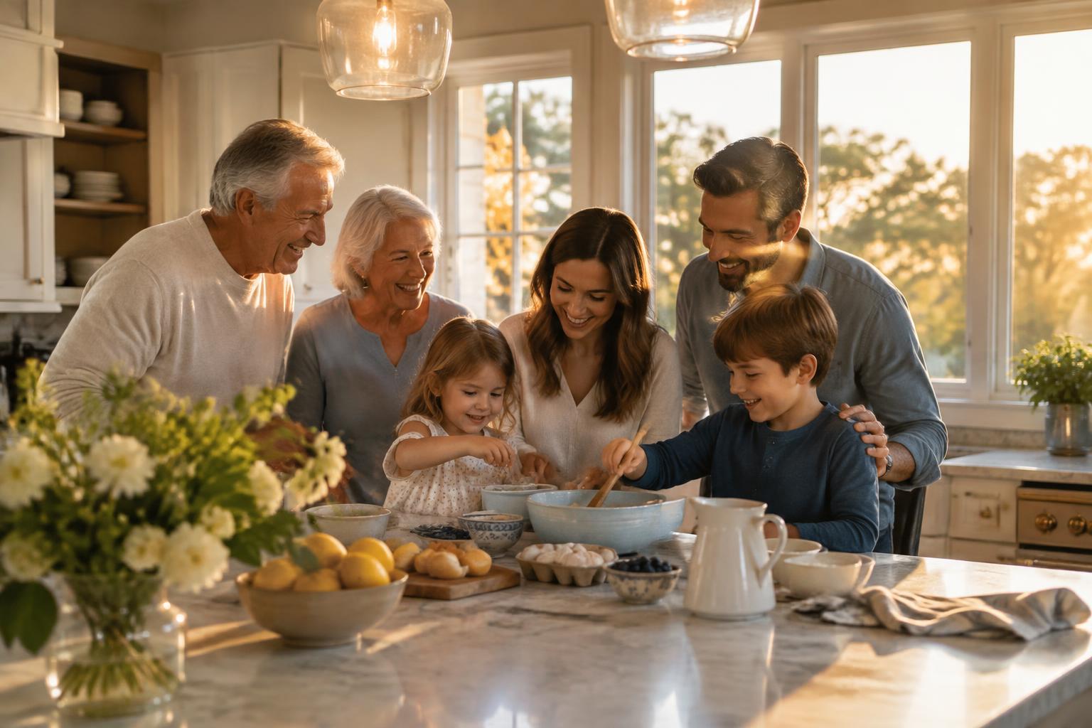 Grandparents, parents and grandchildren gathered together in a bright family kitchen