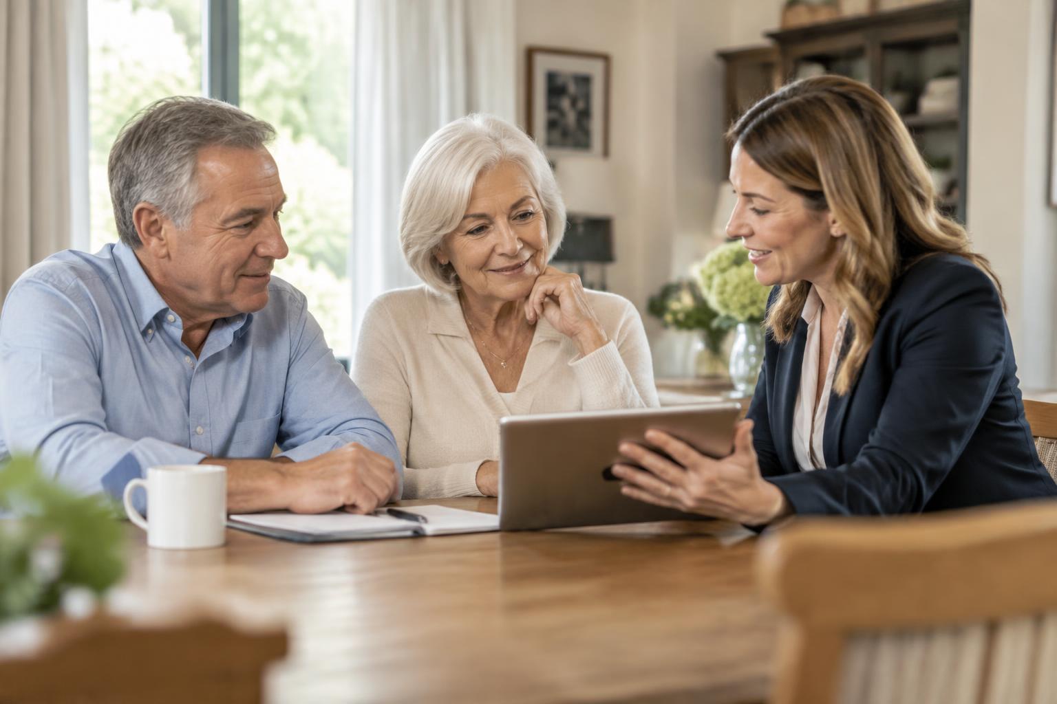 A licensed insurance professional reviewing coverage options on a tablet with an older couple at their dining table